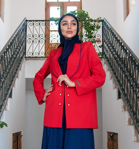 کت  زنانه قرمز و سورمه‌ای گره استایل مدل گلناز